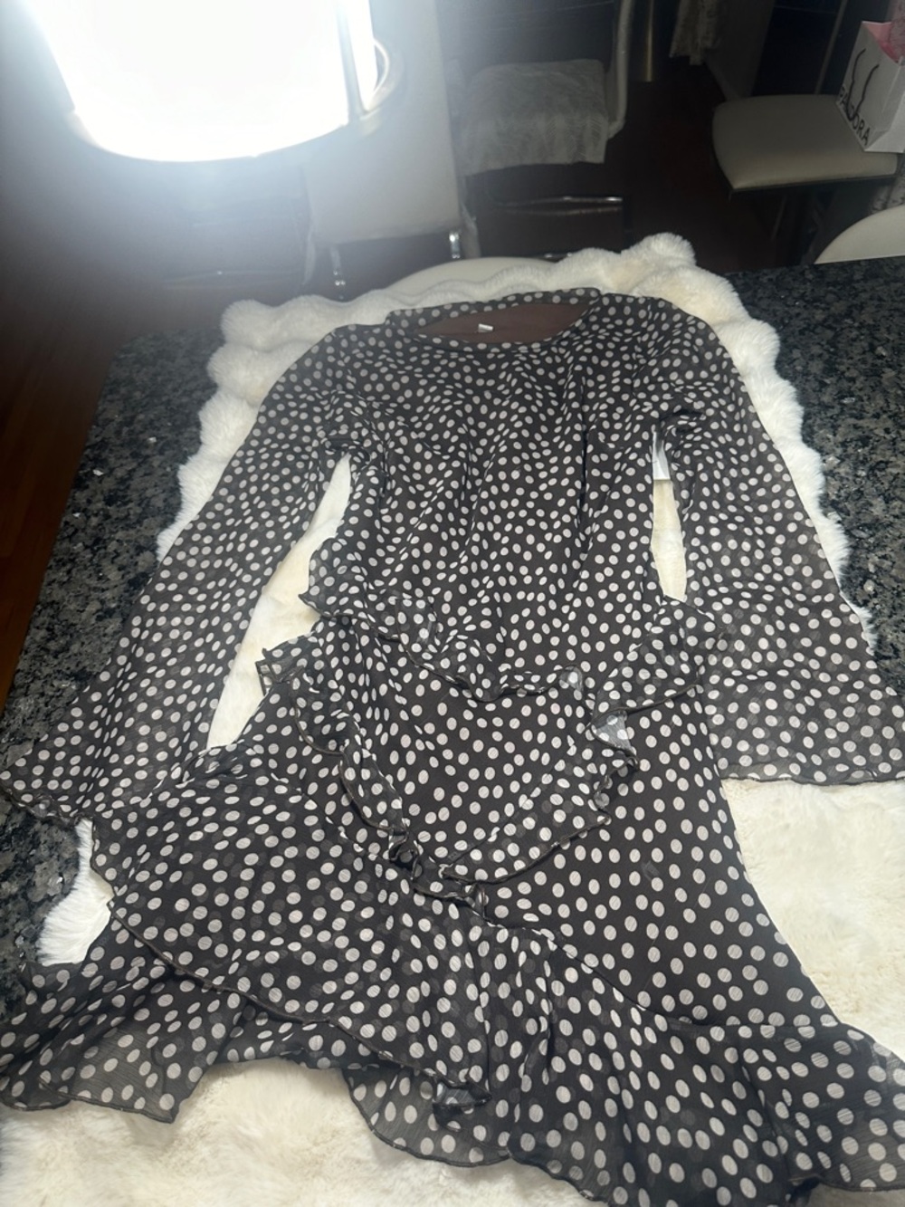 (Topshop) Polka Dot Ruffle Long Sleeve Dress - dark brown & White.